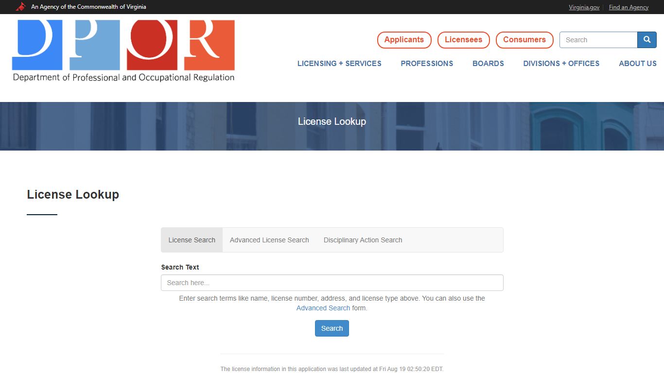 License Lookup | Virginia Department of Professional and Occupational ...